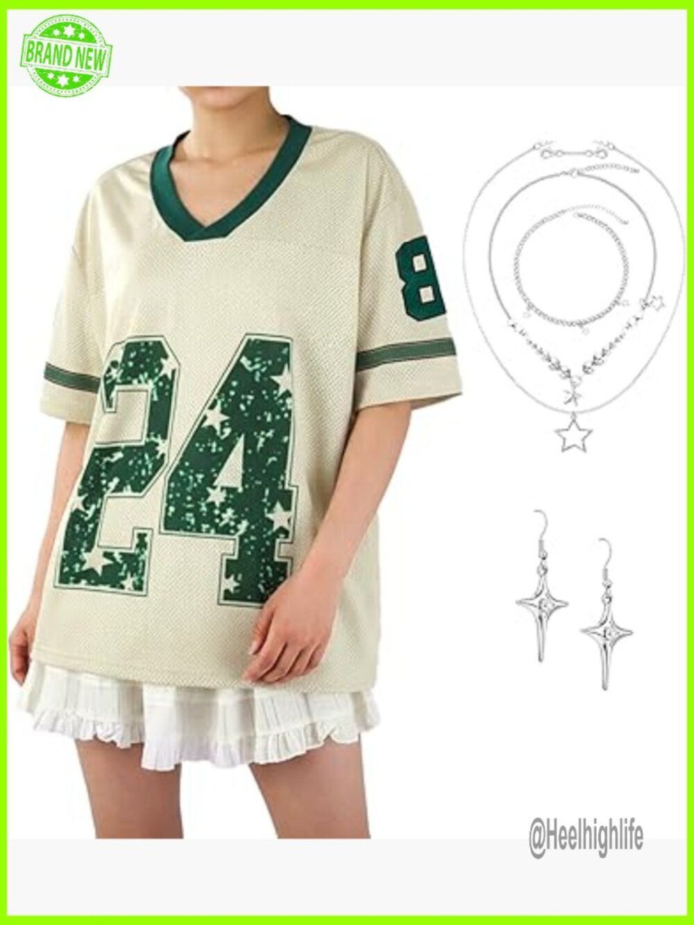 Oversized V-Neck Graphic Tee Set with Necklace & Earrings Y2K Streetwear